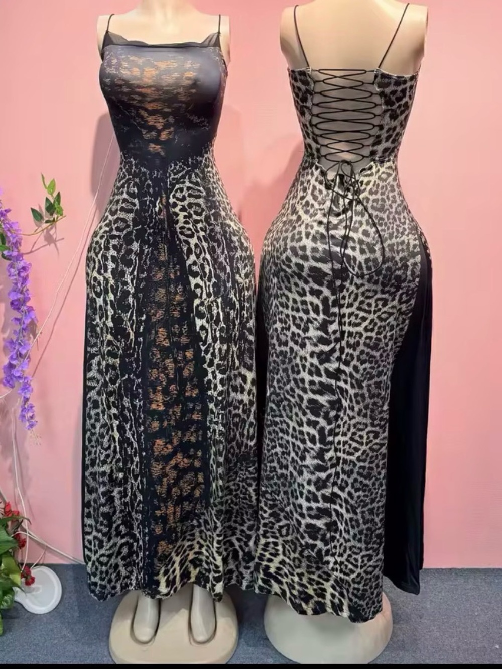 Leopard-Print Lace-Back Maxi Dress - Black and Cream
